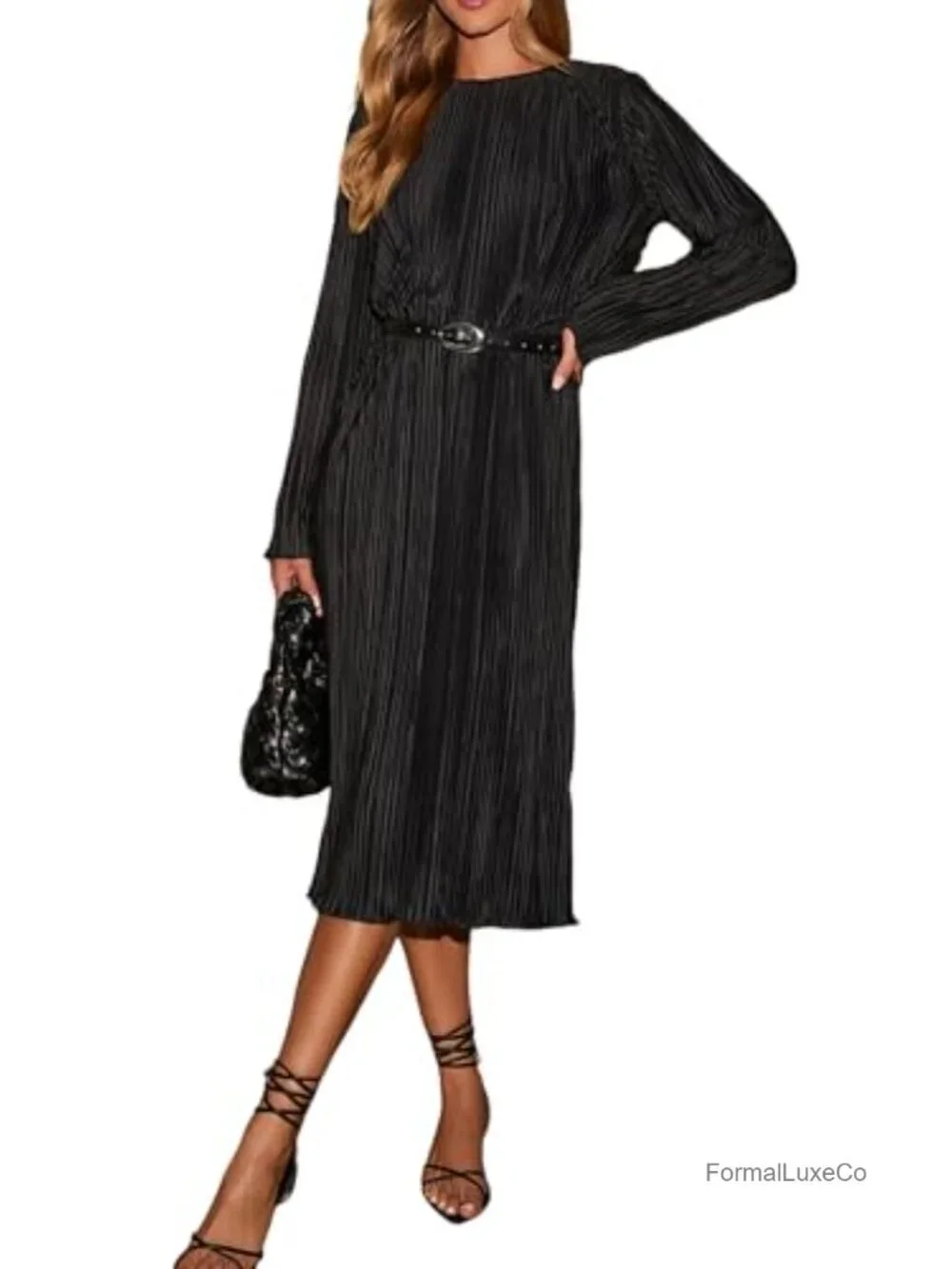 Satin Pleated Midi Dress Long Sleeve Loose Fit Cocktail Wedding Guest